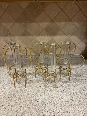 Target Bullseye Gold Tone Heart Shaped Plant Propagation Tube Vase Holder 5 pc